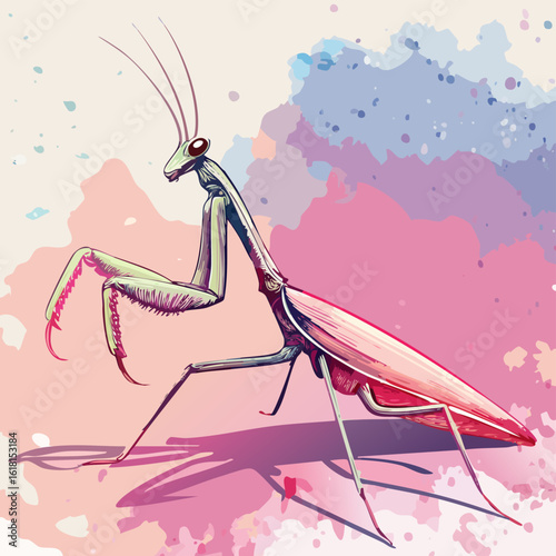 Stylized praying mantis illustration with pink wings, green body, and raised raptorial forelegs.