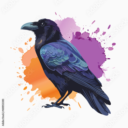 Stylized raven illustration with iridescent blue and purple feathers standing in profile.