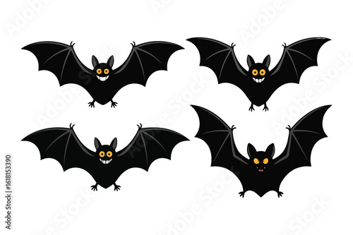 A playful illustration showcasing a group of five cartoon black bats with various expressions, including one with a happy, toothy grin and others with wide yellow eyes, perfect for Halloween, spooky t