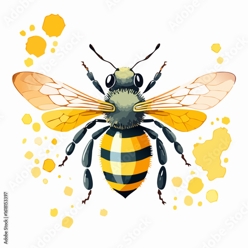 Stylized honeybee illustration with a fuzzy thorax, striped abdomen, and delicate translucent wings.