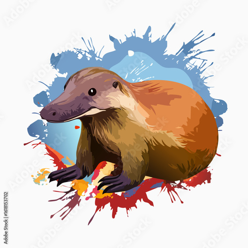 Stylized brown platypus with a duck-bill and webbed feet, depicted in a colorful, artistic painterly style.