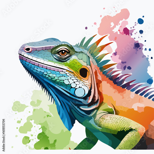 Vibrant watercolor illustration of a colorful iguana with a spiky crest and artistic paint splatters.
