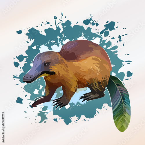 Stylized fantasy platypus with brown fur and a unique, vibrant green and purple feather tail.