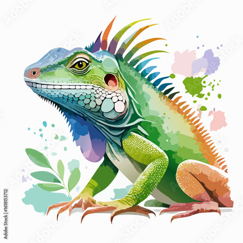 A vibrant, stylized green iguana illustration with a colorful crest and watercolor details, shown in profile.
