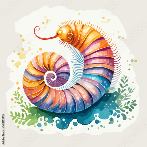 Vibrant watercolor illustration of a fantastical creature with a colorful, segmented spiral body and spiny back.