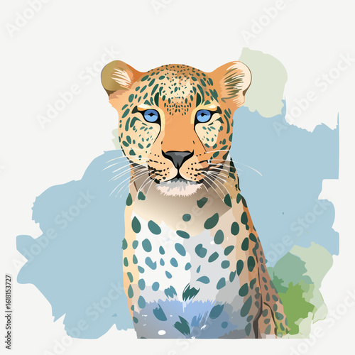 Stylized Leopard Illustration with Intense Blue Eyes and Teal Spots