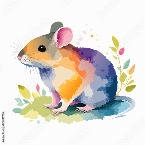 Charming multicolored mouse in a vibrant watercolor style, with purple, orange, and blue fur.