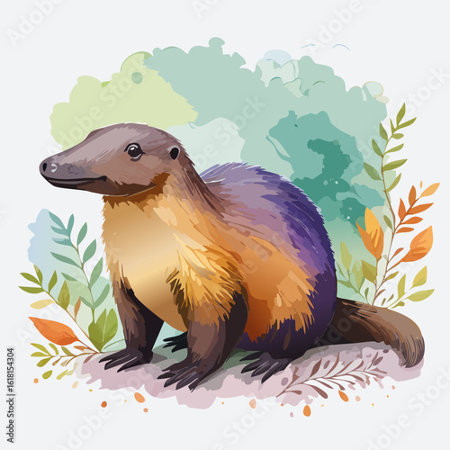 Charming watercolor illustration of a mustelid with unique purple and golden fur.