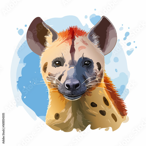 Vibrant watercolor style portrait of a spotted hyena with a reddish mane and curious gaze.