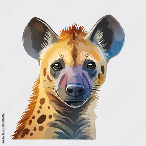 Stylized watercolor portrait of a smirking spotted hyena with a vibrant, colorful coat and large ears.
