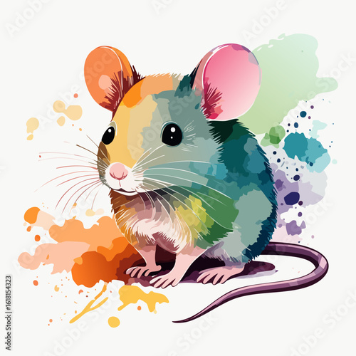 Vibrant watercolor illustration of a cute, colorful mouse with large pink and orange ears.