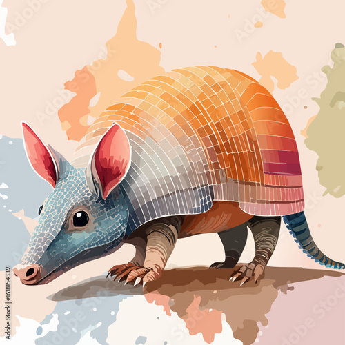 Vibrant watercolor armadillo with a gradient orange shell and textured blue skin.