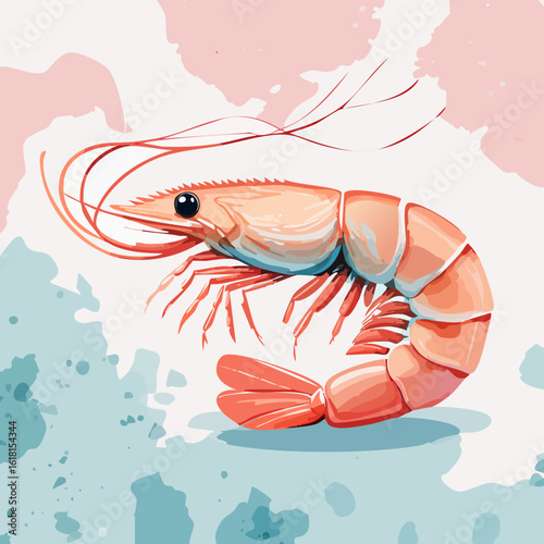 Artistic pink shrimp illustration with a curved body, long antennae, and blue highlights.