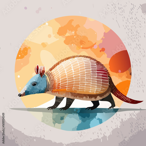 Profile view of a colorful, stylized armadillo with a blue head and a patterned, multi-toned shell.