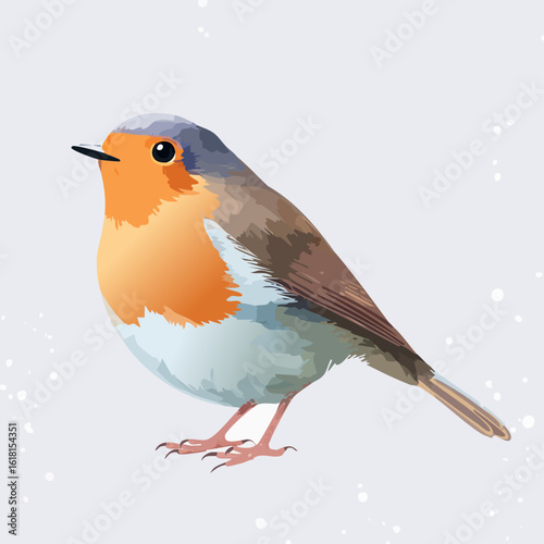 Charming European Robin illustration with a vibrant orange-red breast, grey head, and brown wings, standing in profile.