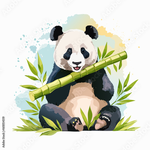 Charming watercolor illustration of a happy panda bear sitting and holding a green bamboo stalk.