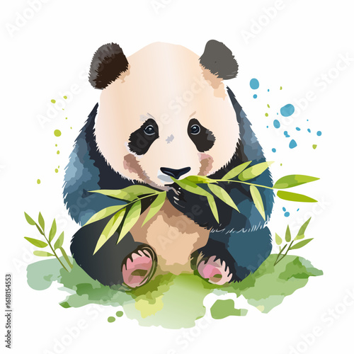 Charming watercolor illustration of a cute giant panda sitting and eating a fresh bamboo branch.