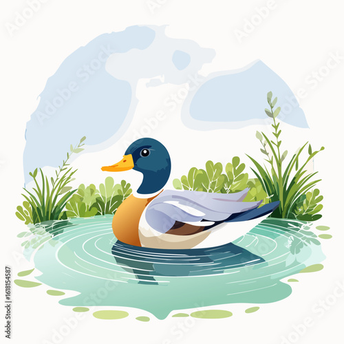 Colorful mallard duck illustration with a green head and orange beak swimming in a pond.