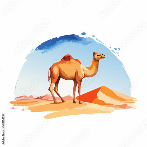 A graphic illustration of a tan dromedary camel with a reddish hump, standing in a stylized, colorful desert under an arched blue sky.