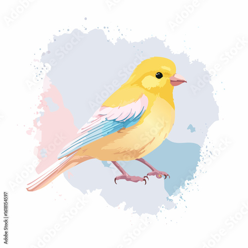 Stylized yellow canary illustration with colorful pink and blue wing feathers