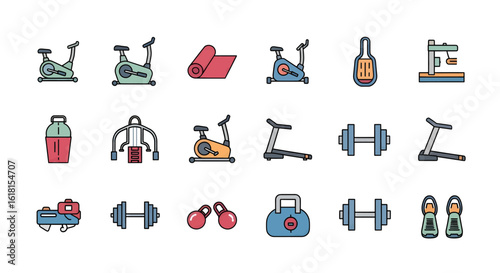 Collection of Fitness Equipment Icons Exercise Bikes, Treadmills, Dumbbells, and More for Health and Wellness