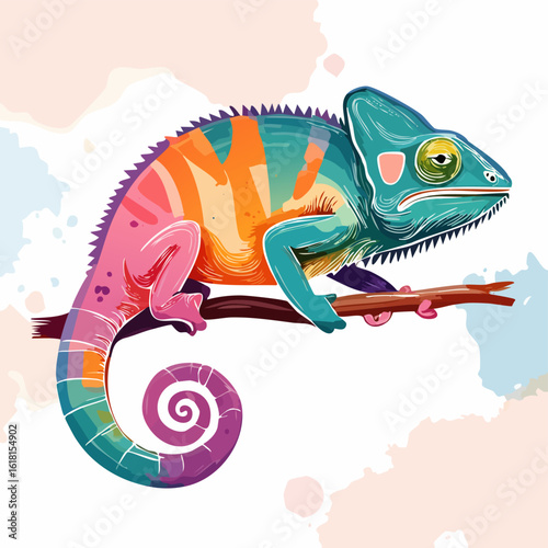 Stylized colorful chameleon with a curled tail, illustrated in vibrant pink, teal, and orange hues, resting on a branch.