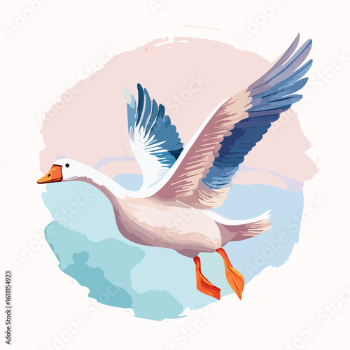 Stylized illustration of a white goose in flight with elegant blue wings and a bright orange beak.