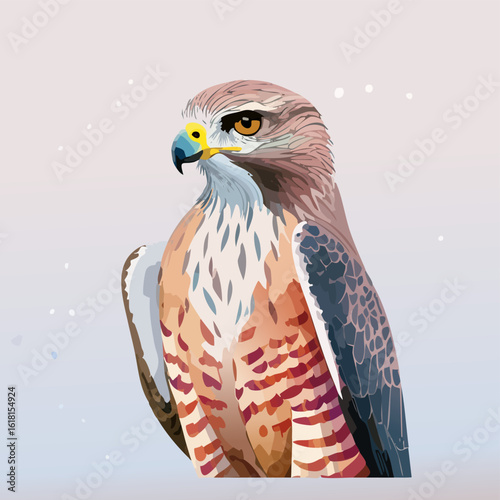 Stylized portrait of a majestic hawk with detailed plumage, a sharp beak, and an intense gaze.