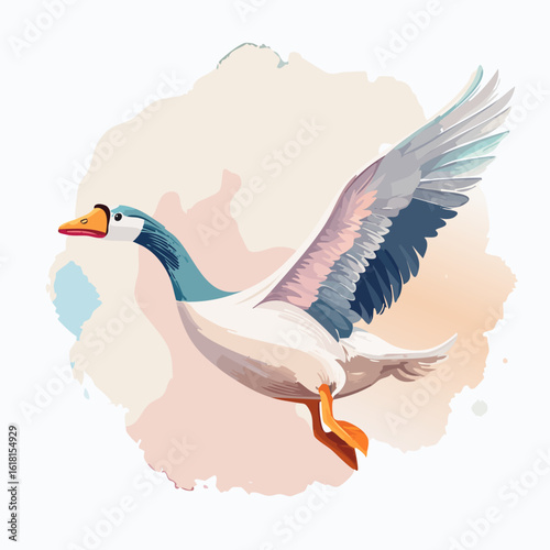 Graceful watercolor goose in flight, featuring a distinctive blue neck and vibrant orange feet.
