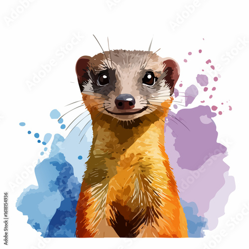Smiling ferret portrait in a vibrant watercolor style with expressive eyes and colorful fur.