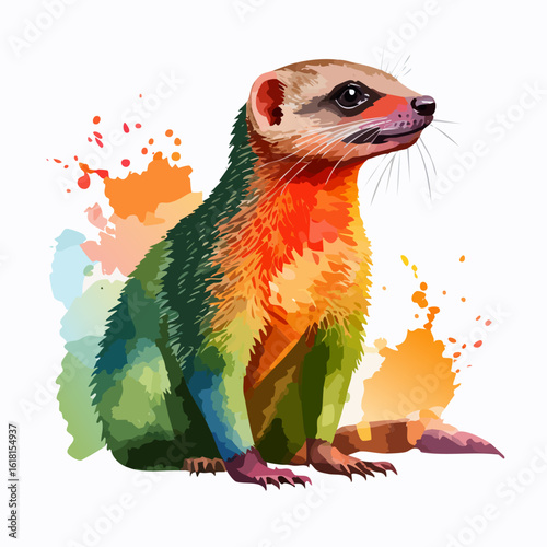 Vibrant watercolor ferret illustration with colorful green and orange fur splashes.