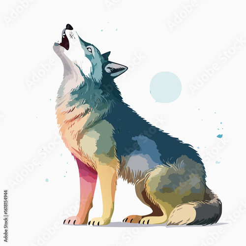 Stylized howling wolf with vibrant, multi-colored fur in a sitting pose.