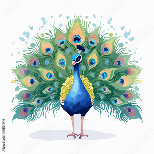 Elegant peacock with a magnificent fanned tail, illustrated in a vibrant, colorful style.