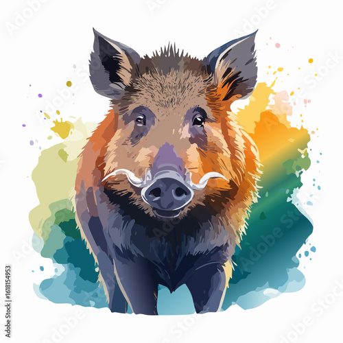 Vibrant watercolor illustration of a wild boar with large tusks, looking forward with bristly fur.
