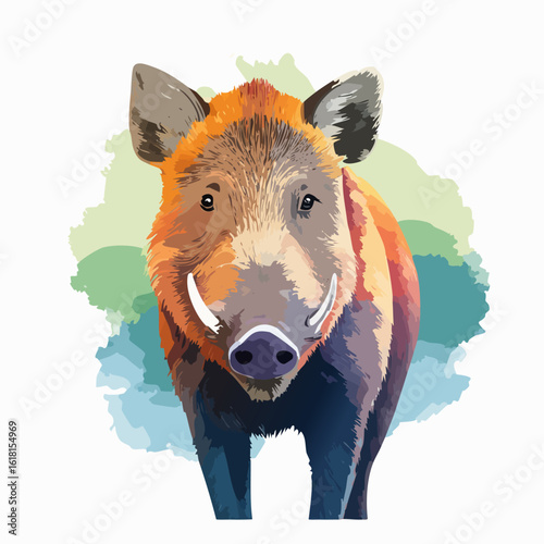 Vibrant wild boar illustration with colorful fur and prominent white tusks, front view.