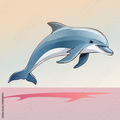 Cartoon illustration of a happy blue dolphin with a white belly, leaping gracefully with a friendly smile.