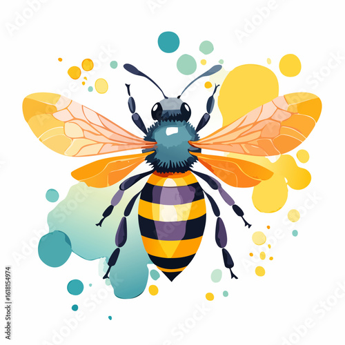 Stylized honeybee illustration with a fuzzy blue thorax, bold striped abdomen, and translucent orange wings.