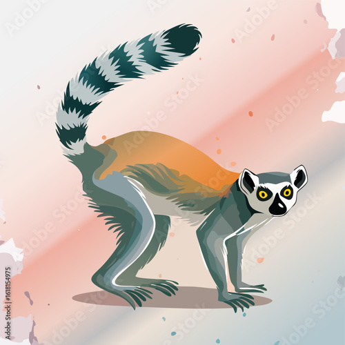 Stylized illustration of a ring-tailed lemur with a bushy striped tail and bright yellow eyes.