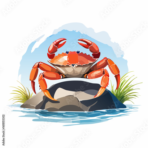 Vibrant red crab illustration with a detailed carapace and large, raised claws in a defensive pose.