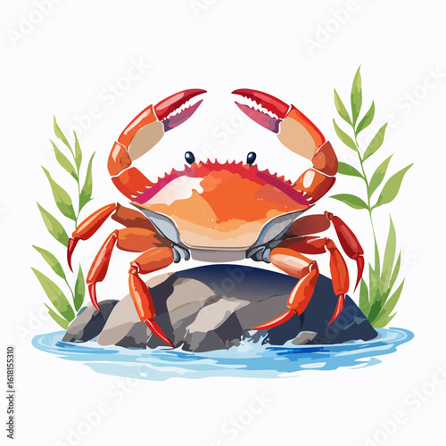 Vibrant orange crab with raised red claws, illustrated in a cheerful cartoon style on a rock.