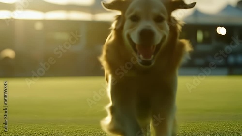 Happy Golden Retriever runs happily towards the camera on a sunny green field