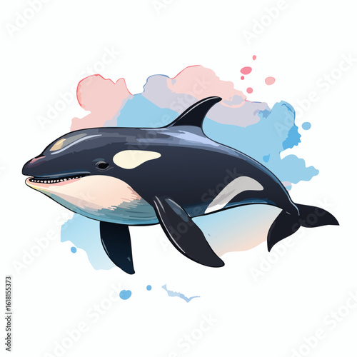 Artistic illustration of a smiling killer whale with classic black and white markings, swimming gracefully.