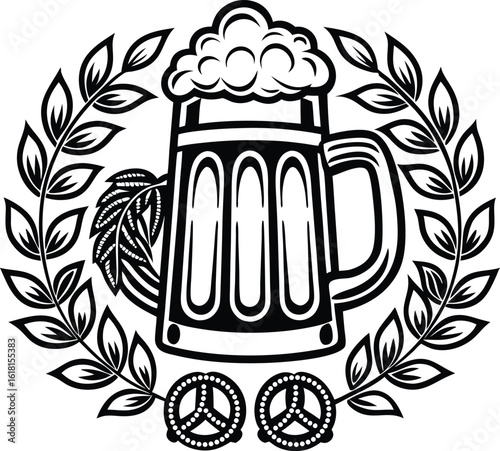 Emblematic illustration of a beer mug with hops and laurel wreath