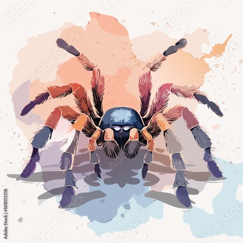 A colorful, hairy tarantula spider with a blue carapace and orange legs in a stylized watercolor illustration.