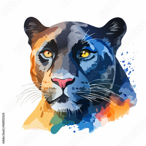 Colorful panther head portrait with a split warm and cool watercolor design and intense yellow eyes.