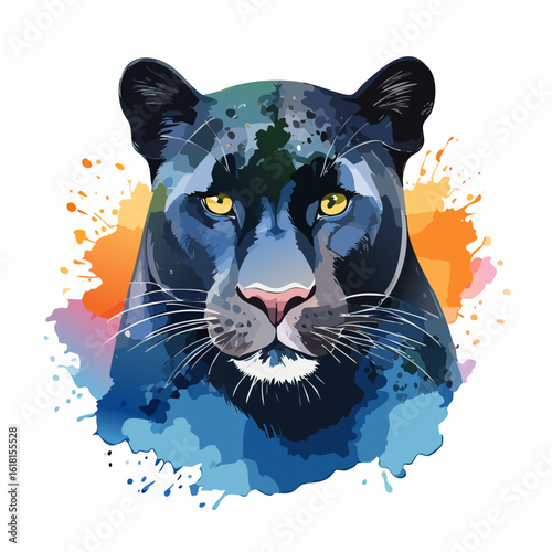 Vibrant watercolor portrait of a black panther with intense yellow eyes and colorful splashes.