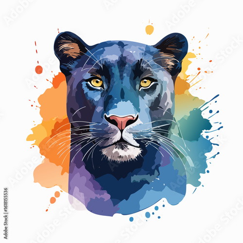 Artistic watercolor portrait of a black panther with blue fur and vibrant paint splashes.