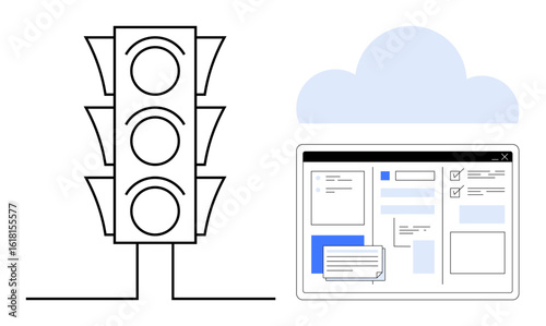 Traffic light with three indicators alongside a cloud-connected digital dashboard interface for task and workflow management. Ideal for technology, automation, planning, control, cloud computing