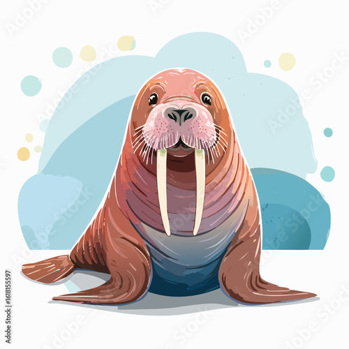 Charming cartoon walrus illustration with large white tusks, whiskers, and a friendly expression, sitting front-on.