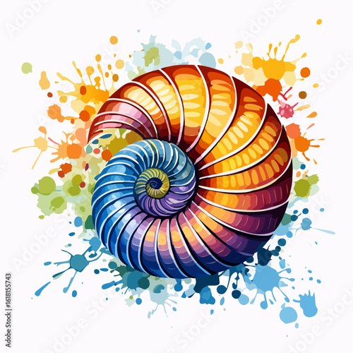 Vibrant watercolor illustration of a colorful spiral nautilus shell with artistic paint splatters.